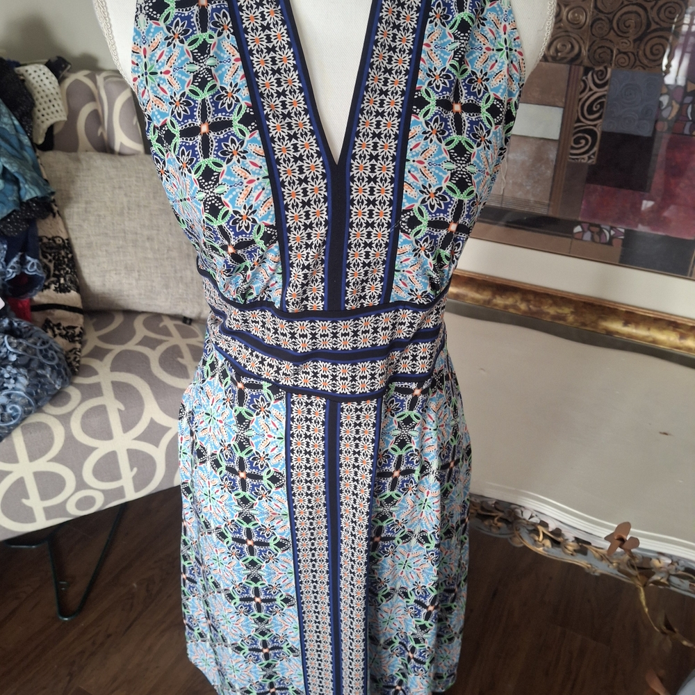 London Times Blue and Orange Patterned Midi Dress